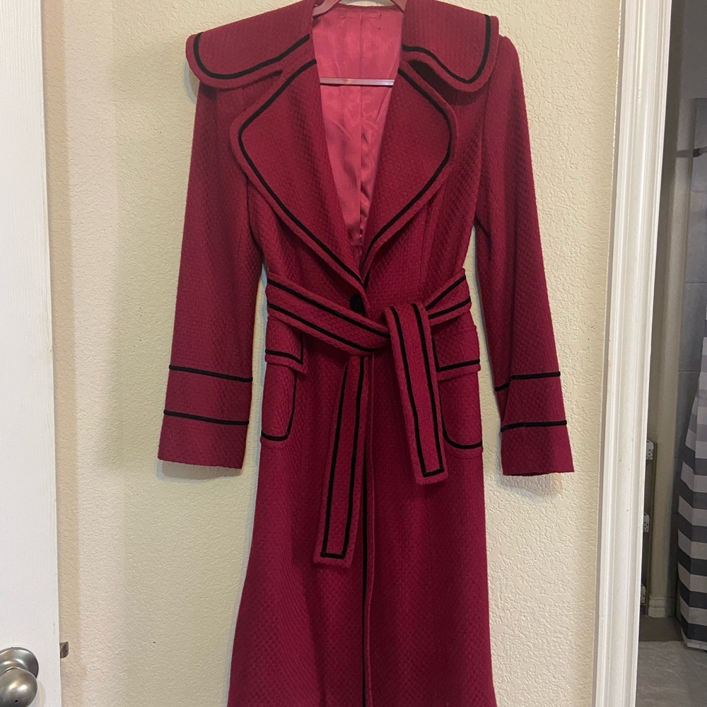Chic WHBM Maroon Coat with Black Accents